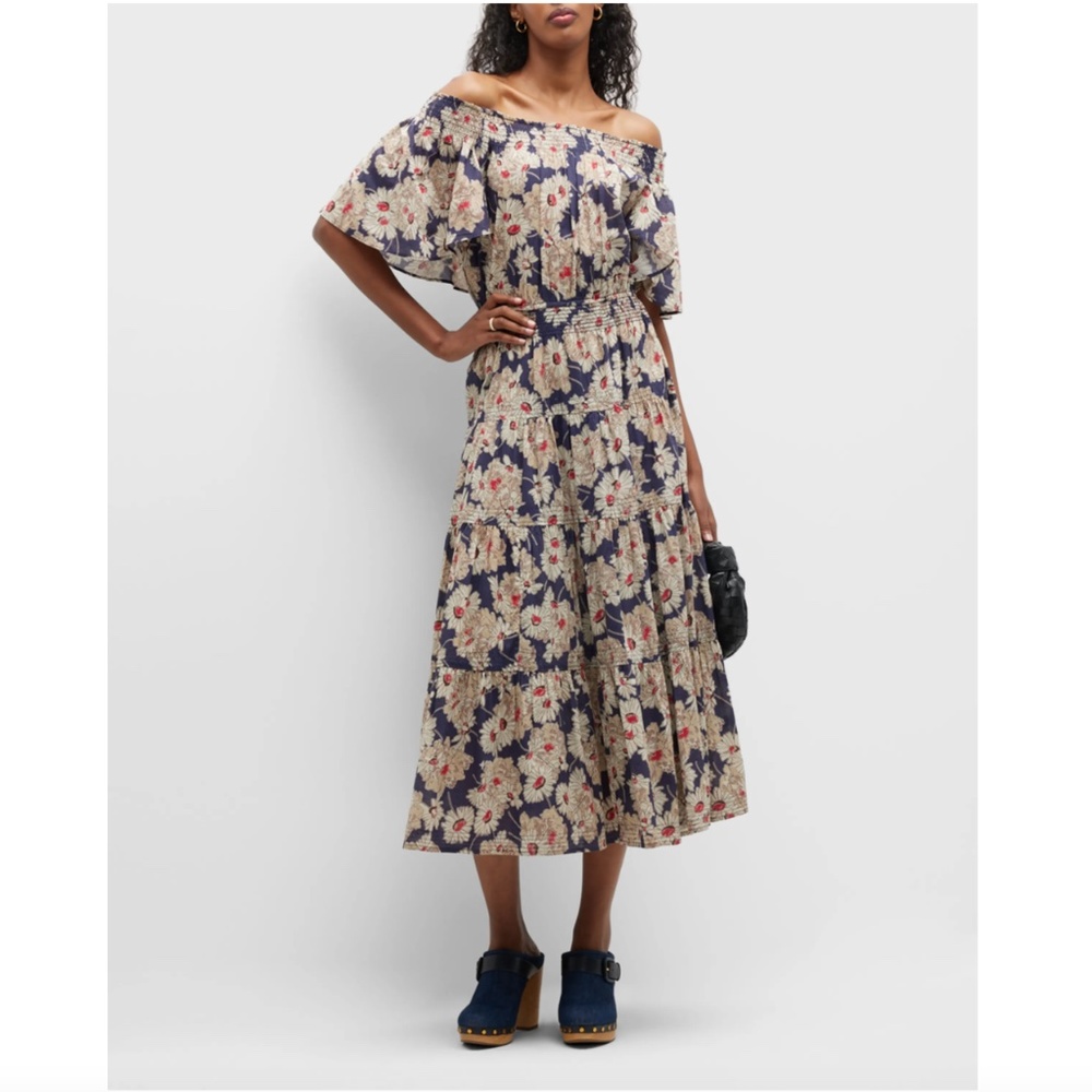 NWT $350 The Great The Smocked Plumeria Floral Off-The-Shoulder Midi Dress -2/M